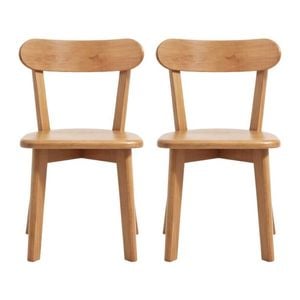HOMFURN Set of 2 Rubber Wood Dining Chairs, Curved Backrest, Natural Finish, 150kg Capacity, Anti-Slip Feet