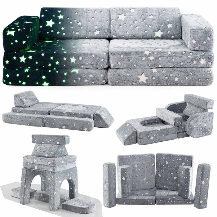 Costway 10pcs Luminous Foldable Sofa W/washable Flannel Cover Grey