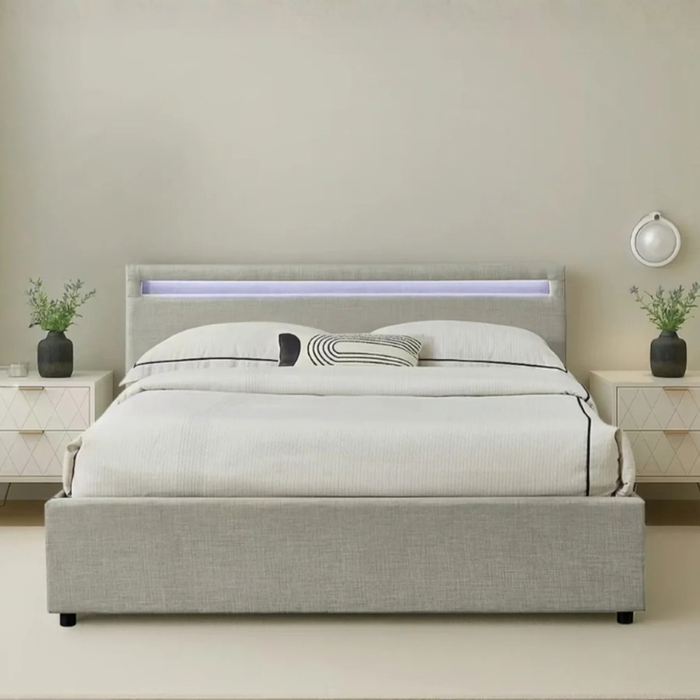 Big Lot Light Grey Evelyn Gas Lift Storage Bed Frame with LED - Light Grey, Queen