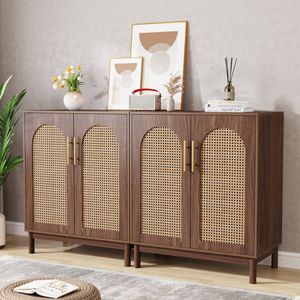 OAKORY 150cm Buffet Cabinet with Rattan Doors and 4 Cabinets in Natural Finish