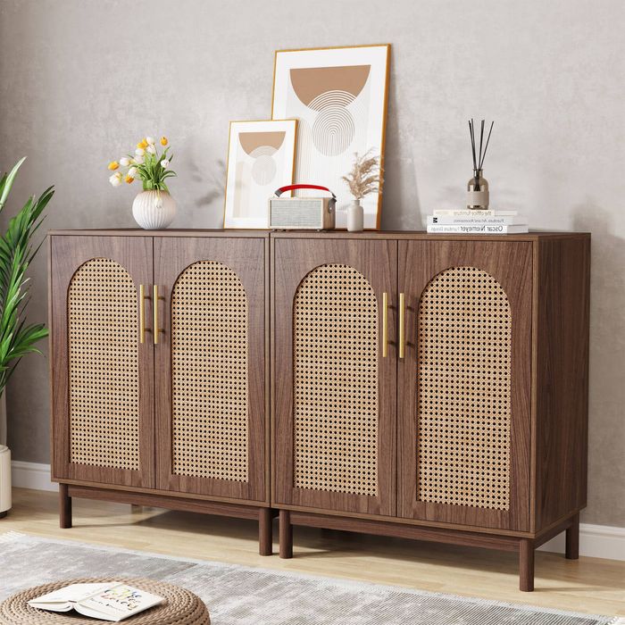 OAKORY 150cm Buffet Cabinet with Rattan Doors and 4 Cabinets in Natural Finish