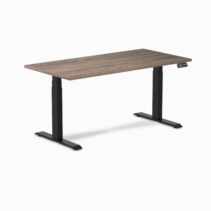 Desky Dual Sit to Stand Natural Walnut Melamine Desk 150x75cm Matte Black Height Adjustable Legs