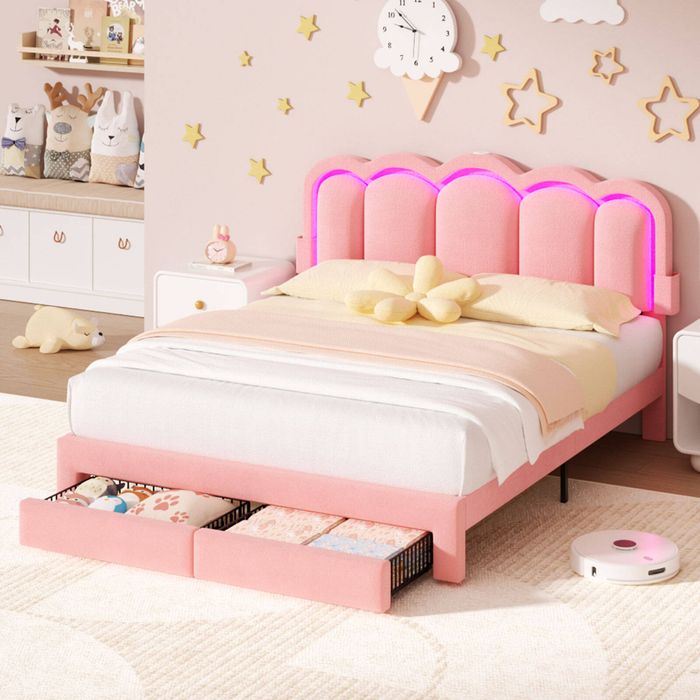 Advwin Queen Bed Frame with 2 Drawers and LED Light Charging Station Velvet Upholstered Adjustable Headboard Pink