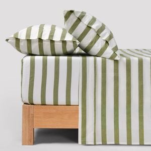 Dreamaker Cove Washed Cotton Yarn Dyed Wide Stripe Sheet Set Olive King Single