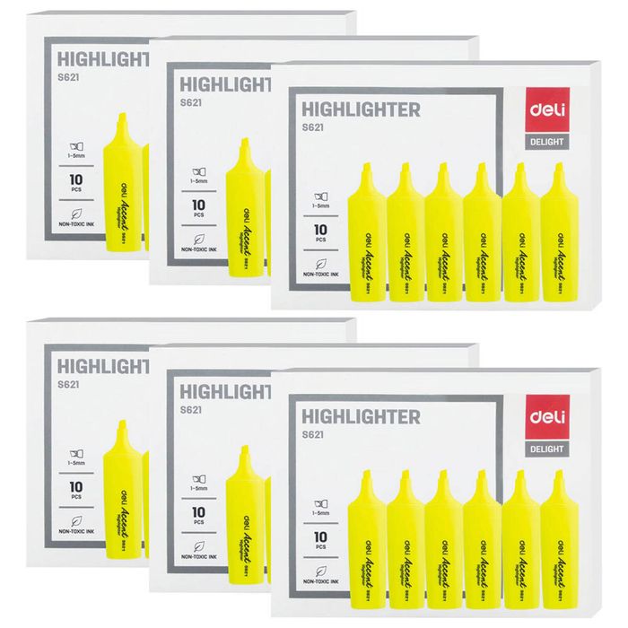 6x 10pk Deli Highlighter Chisel Point School/office Stationery Marker Yellow