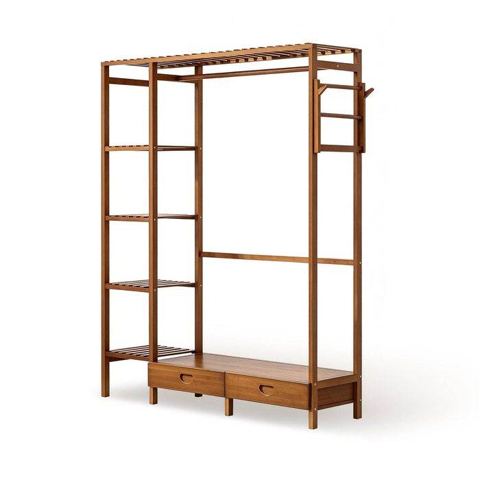 FORET Freestanding Open Wardrobe Bamboo Clothes Rack with Shelves & Drawers