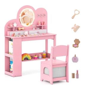 Costway Kid Vanity Table & Chair Set Makeup Dressing Table Pink