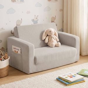 HOMFURN 2-in-1 Kids Flip-Open Sofa Bed, Corduroy Fabric with Side Pocket, Light Grey, No Assembly Needed