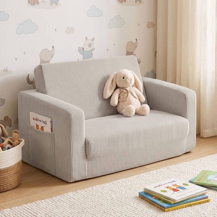 HOMFURN 2-in-1 Kids Flip-Open Sofa Bed, Corduroy Fabric with Side Pocket, Light Grey, No Assembly Needed