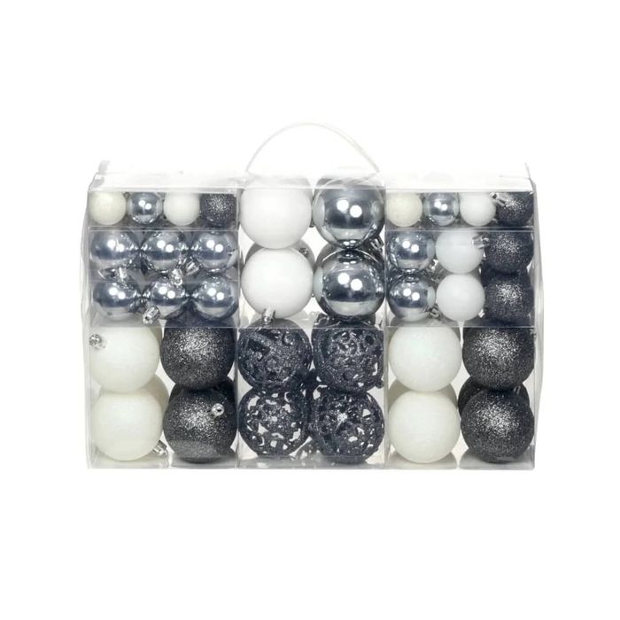 P&P White & Grey Shiny Plastic Christmas Baubles 3 Sizes 100pcs