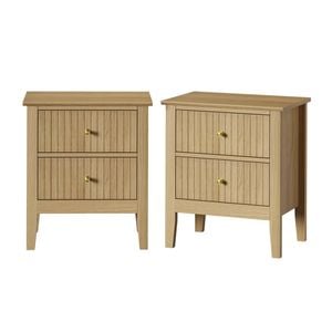 Oikiture 2pc Bedside Table 2 Drawers Nightstand Cabinet Gold Handle Natural