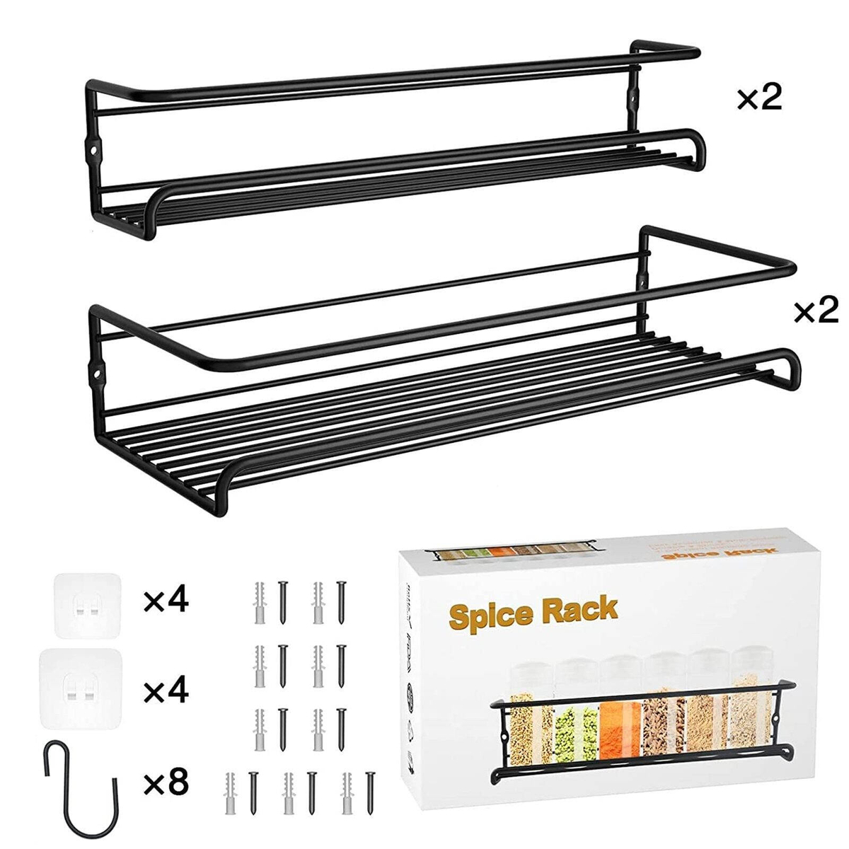 Spice Rack Organiser 4 Pack 2 Size Hanging Wall Metal Kitchen Shelf No