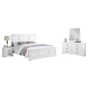 4 Pieces Bedroom Suite in Solid Wood & MDF King Size White Colour Bed, Bedside Table & Dresser