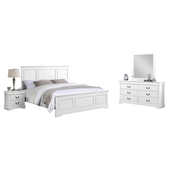 4 Pieces Bedroom Suite in Solid Wood & MDF King Size White Colour Bed, Bedside Table & Dresser