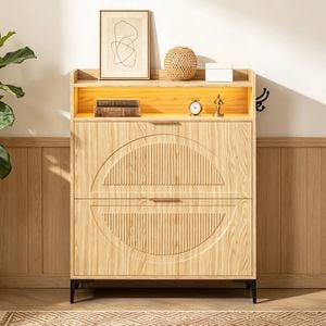 Ufurniture Modern Wooden Shoe Cabinet with 2 Flip Drawers & Adjustable Shelves, Freestanding Shoe Organizer