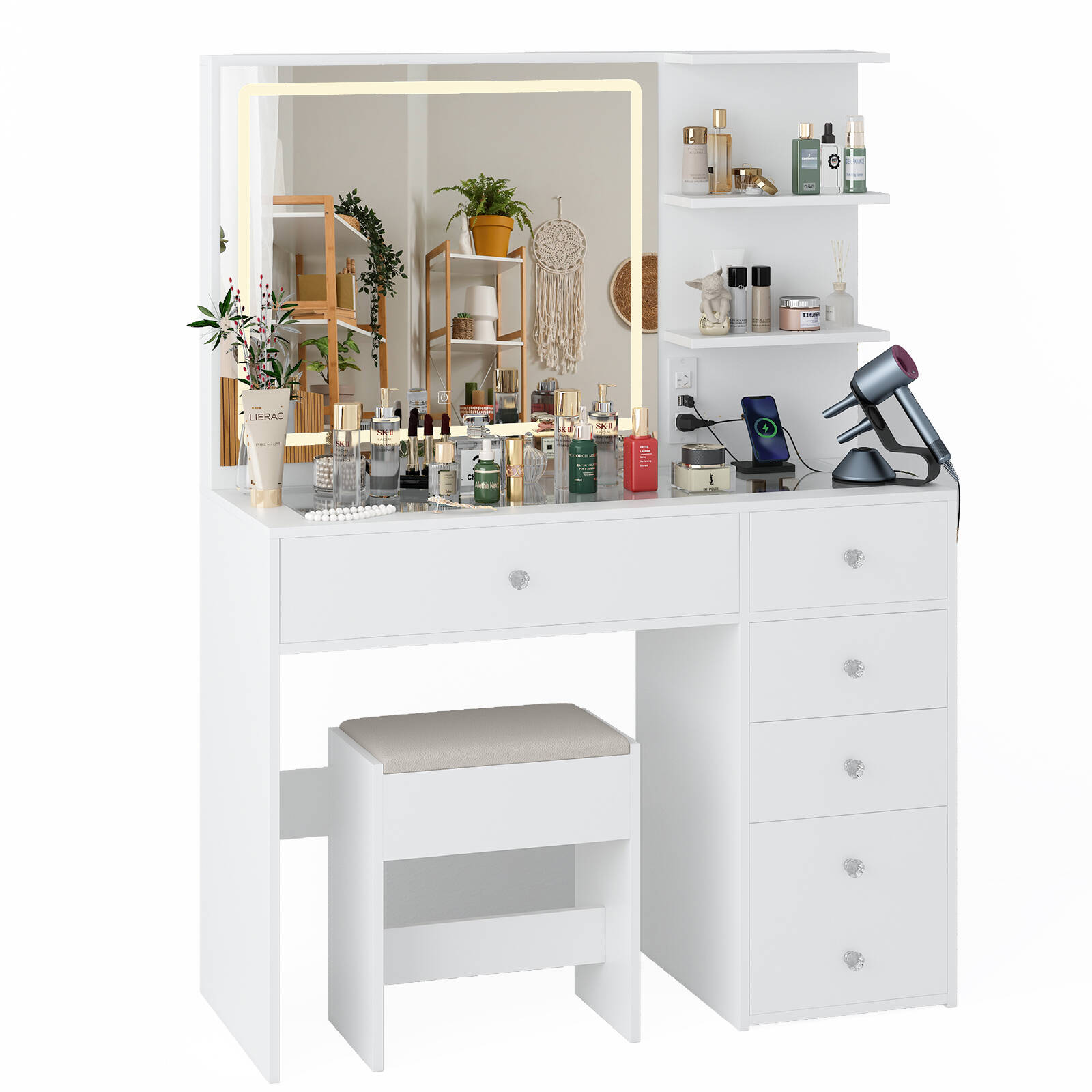 Advwin Dressing Table Stool Set Charging Station Lights Glass Tabletop Vanity Desk White