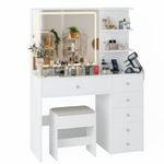 Advwin Dressing Table Stool Set Charging Station Lights Glass Tabletop Vanity Desk White