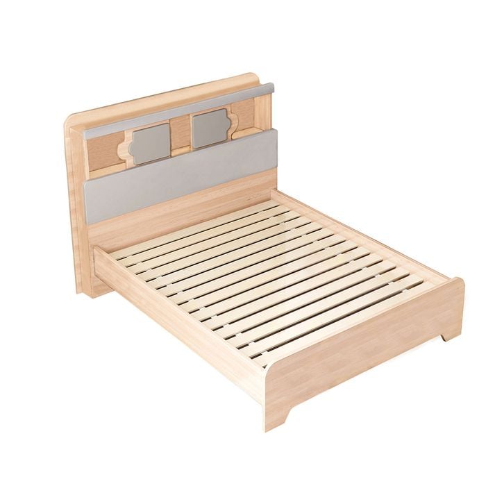 Kiama Bed -Double bed - Headboard with Book Storage and Led lights Oak Color