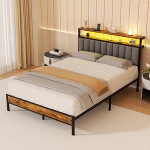 Advwin Queen Bed Frames with LED Lights and Charging Station, Upholstered Headboard with 2-Tier Shelves
