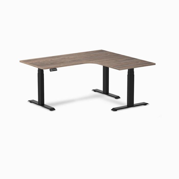 Desky L-shape Sit To Stand Natural Walnut Melamine Desk 1600x1400mm - Right Return Height Adjustable Matte Black Leg