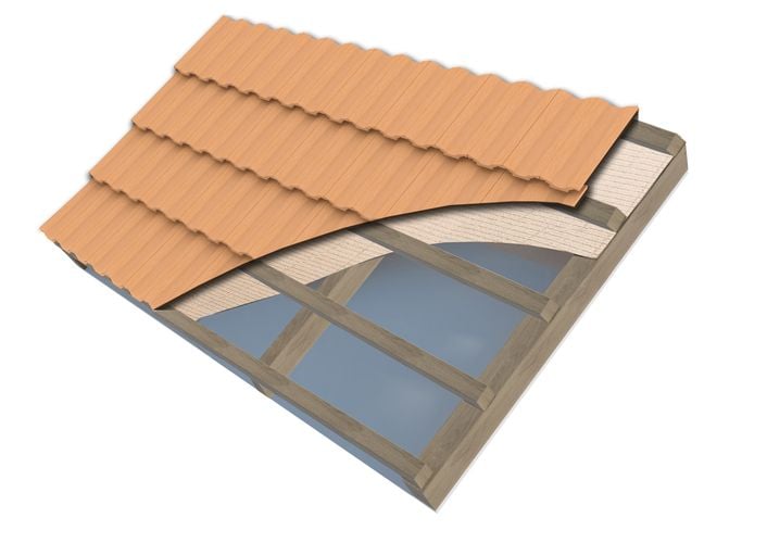 Rendering of roof showing tiles, insulation and timber frame