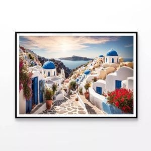 Streets Of Santorini, Flowers  Print 100% Australian Made 90x60cm  (poster)