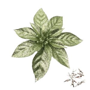 Catzon 12 Pcs Glitter Christmas Flowers with Clips Artificial Poinsettia-Green