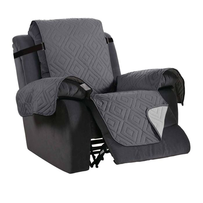 Smarcute 1 Seater Quilted Reversible Pet Friendly Non-Slip Recliner Chair Cover with Straps Grey
