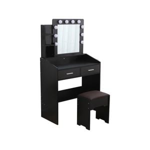 Vanity Set with Shelves Cushioned Stool and Lighted Mirror- Black