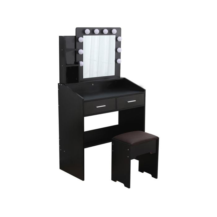 Vanity Set with Shelves Cushioned Stool and Lighted Mirror- Black