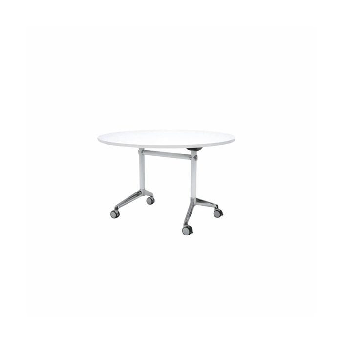 Olg Meeting Room Bundle: Modulus 1200mm Round Flip Table White + 4 Ripple Stackable Chairs Coral Red