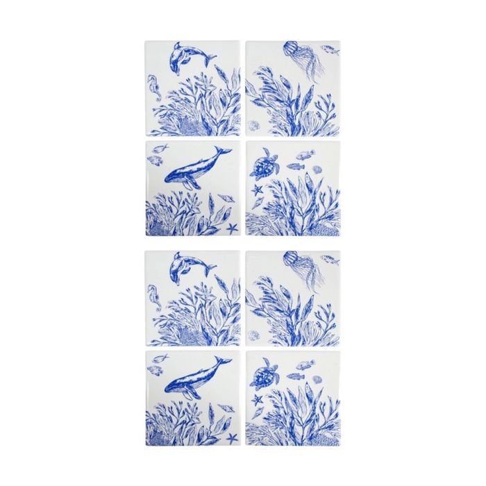 2x 4pc Lvd Blue Underwater Glossy Square Ceramic Coaster Set Tableware 10x10cm