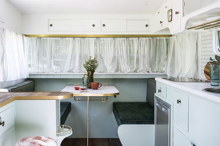 A dining area inside a caravan