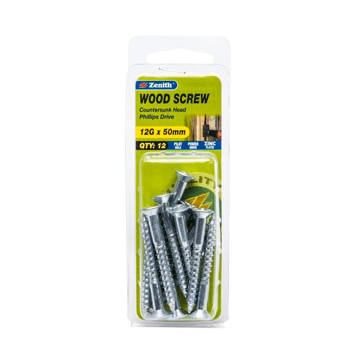 Zenith 12G x 50mm Zinc Plated Wood Screw  - 12 Pack