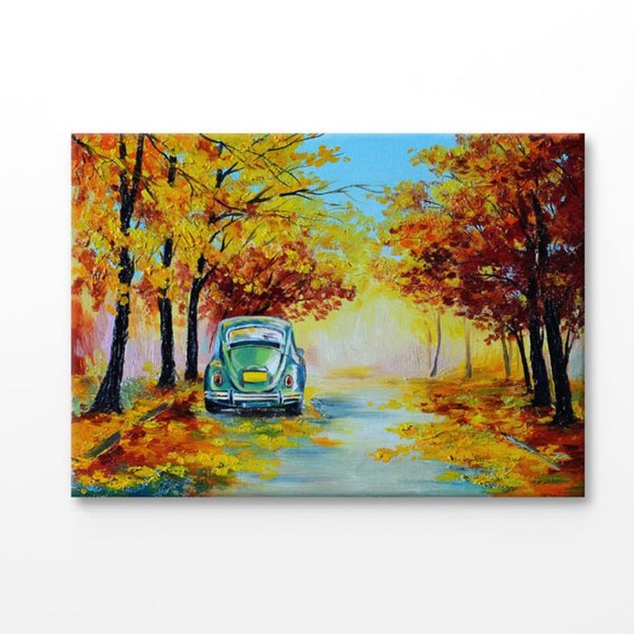 Car in The Autumn Forest Road Painting Print 100% Australian Made 150x100cm (Stretched Canvas)
