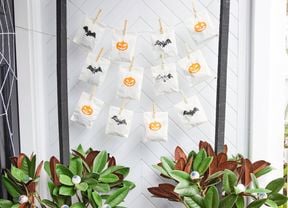 Halloween trick or treat station with ping pong eyeball plants either side