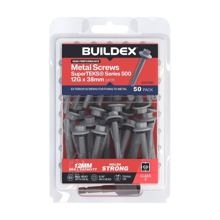 Buildex 12G x 38mm SuperTEKS® Series 500 Screws with Seal - 50 Pack