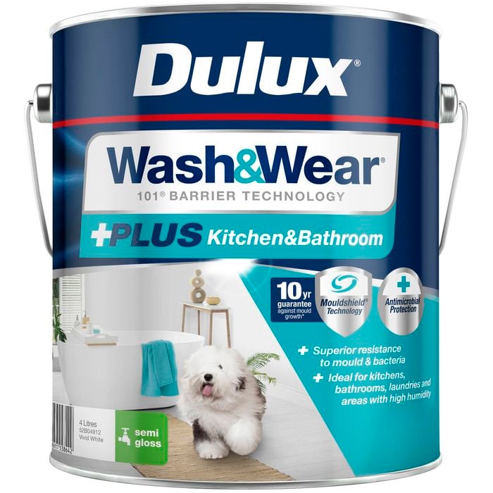 Dulux 4L Interior Paint Wash&Wear +PLUS Kitchen & Bathroom Semi Gloss Vivid White - 4L