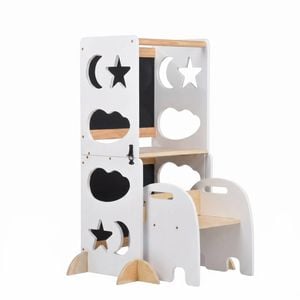 Ufurniture Wooden Toddler Step Stool W/ Blackboard 4-in-1 Montessori Foldable Kitchen Standing Tower W/ Chair Natural+white