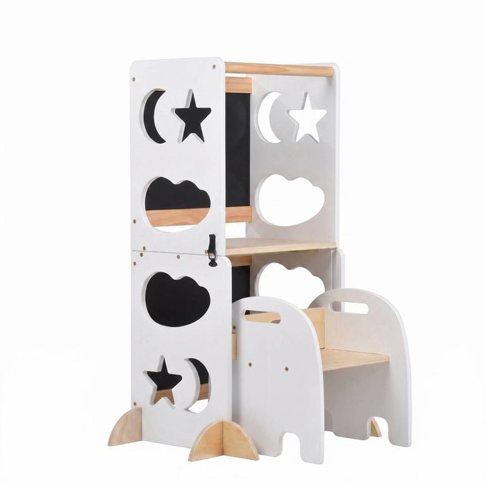 Ufurniture Wooden Toddler Step Stool W/ Blackboard 4-in-1 Montessori Foldable Kitchen Standing Tower W/ Chair Natural+white