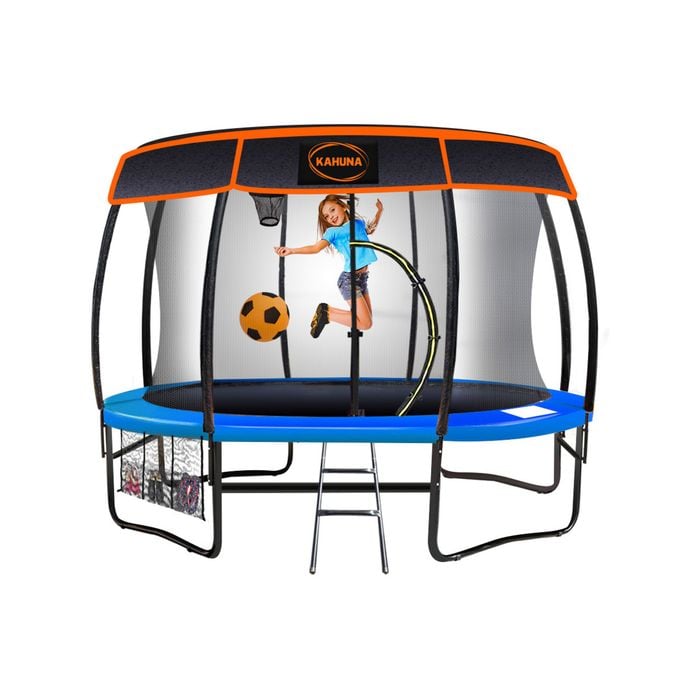 Kahuna Trampoline 8 ft with Basketball Set and Roof - Blue
