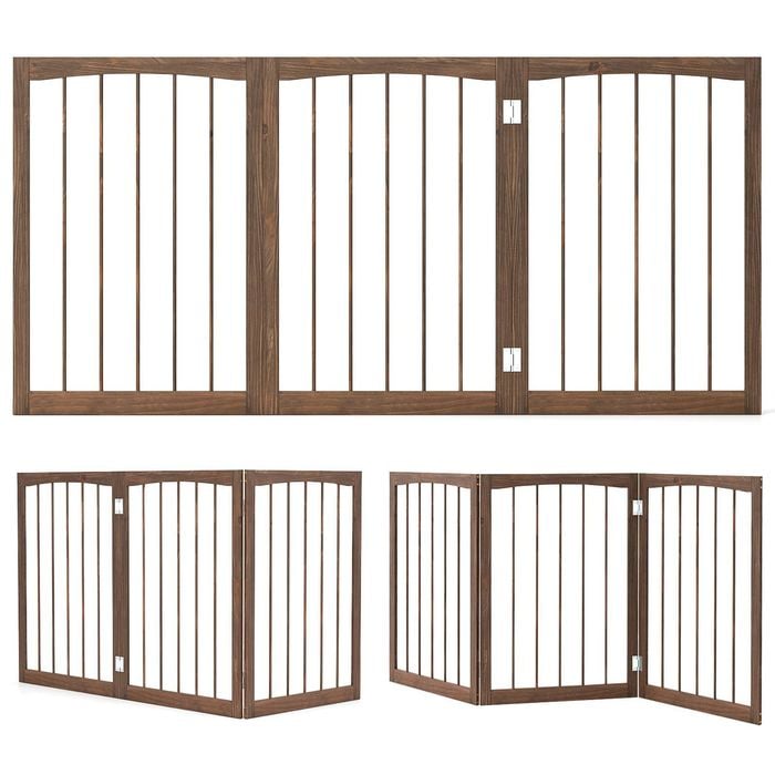 Costway 76cm Tall Wooden Pet Fence Dog Gate 3-panel Barrier Brown
