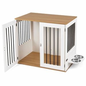Costway Dog Crate Furniture Lockable Kennel 360°feeder Stainless Bowl