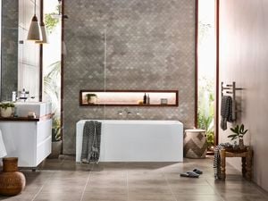 modern bathroom with warm tones