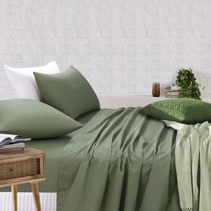 Amson Royale Cotton Double Sheet Set - Fitted Flat Sheet With Pillowcases - Light Sage