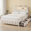 Advwin Queen Size Upholstered Bed Frame with 2 Drawers and Hidden Storage, LED Light and Charging Station Beige