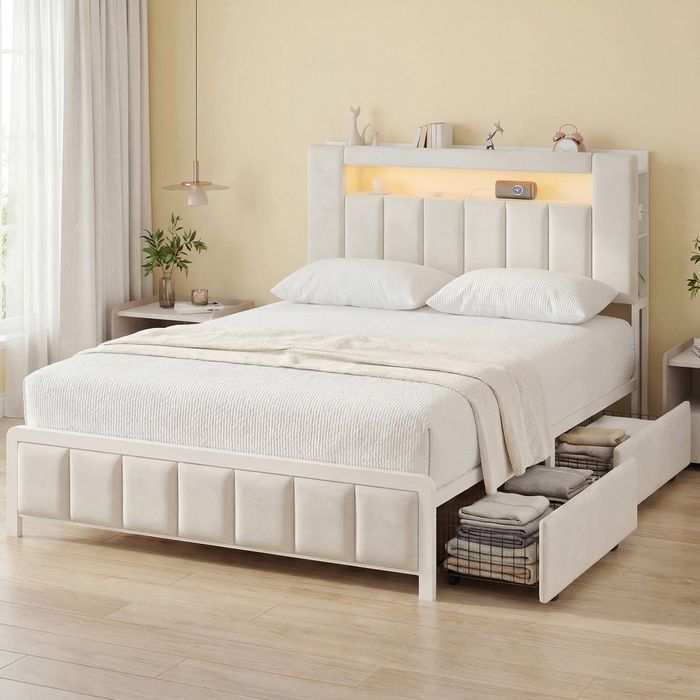 Advwin Queen Size Upholstered Bed Frame with 2 Drawers and Hidden Storage, LED Light and Charging Station Beige