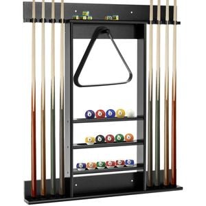 Costway Billiards Pool Cue Rack Wall Mounted Pool Stick Holder Pine Wood Black