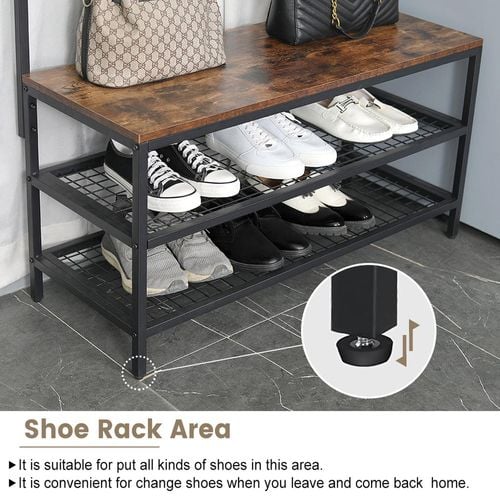 Viviendo Coat Clothes Rack Shoe Storage Bench with Grid Wall and Hooks in Industrial Style Bunnings Australia