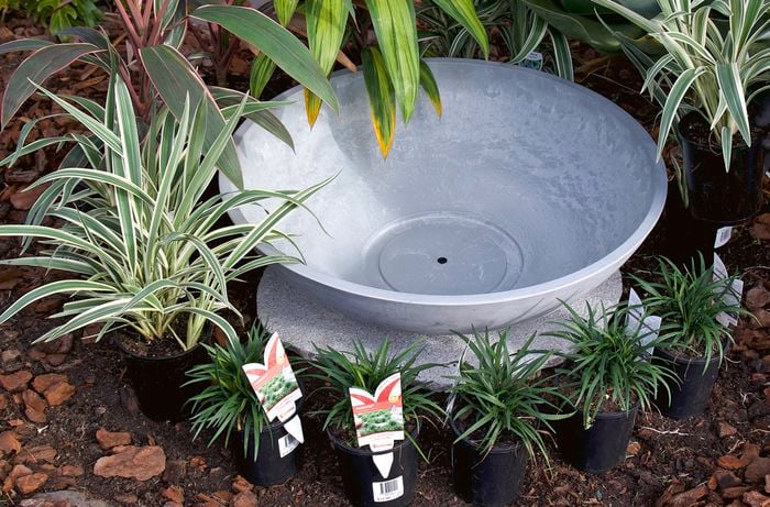 A grey basin is surrounded by various potted plants on the ground, with a gloved hand holding one plant.